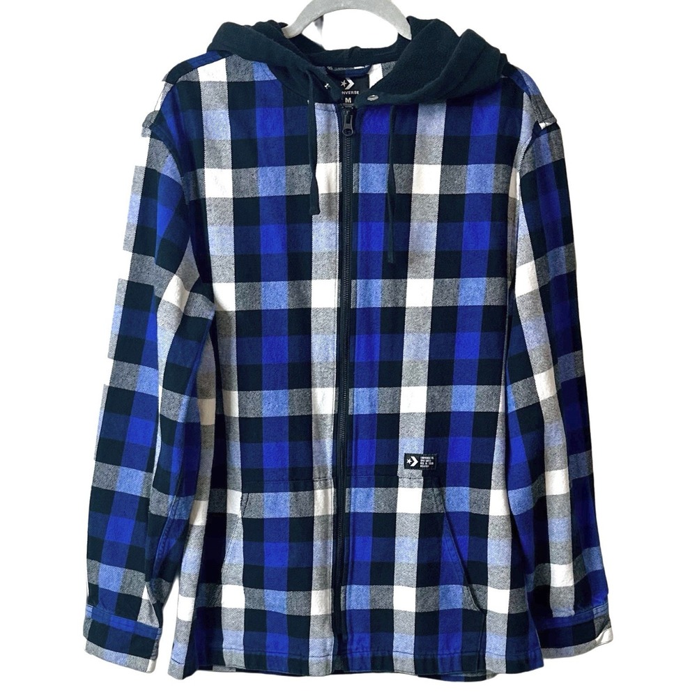 Converse Mens Full Zip Long Sleeve Hoodie‎ Plaid Blue & Black Sz L